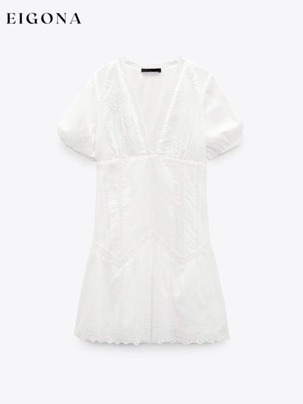 New women's French niche fluffy sleeves V-neck waist cut-out embroidery dress Clothes