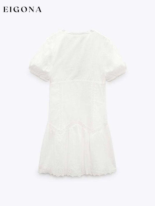 New women's French niche fluffy sleeves V-neck waist cut-out embroidery dress Clothes