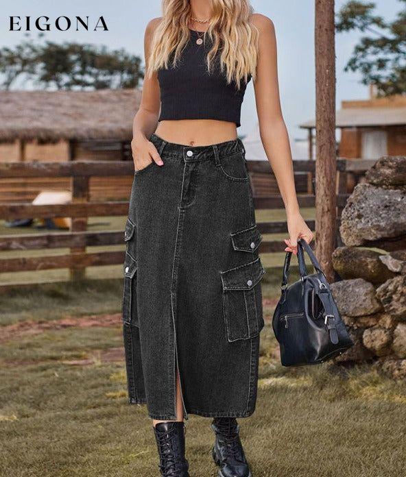 Elastic Waist Denim Cargo Casual Midi Skirt Clothes