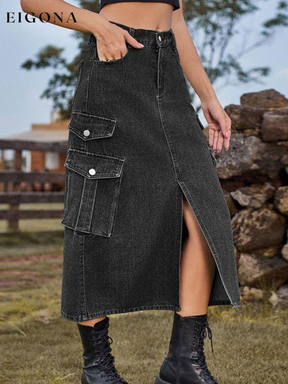 Elastic Waist Denim Cargo Casual Midi Skirt Clothes