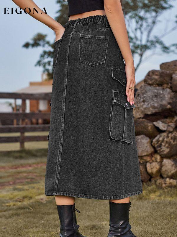 Elastic Waist Denim Cargo Casual Midi Skirt Clothes