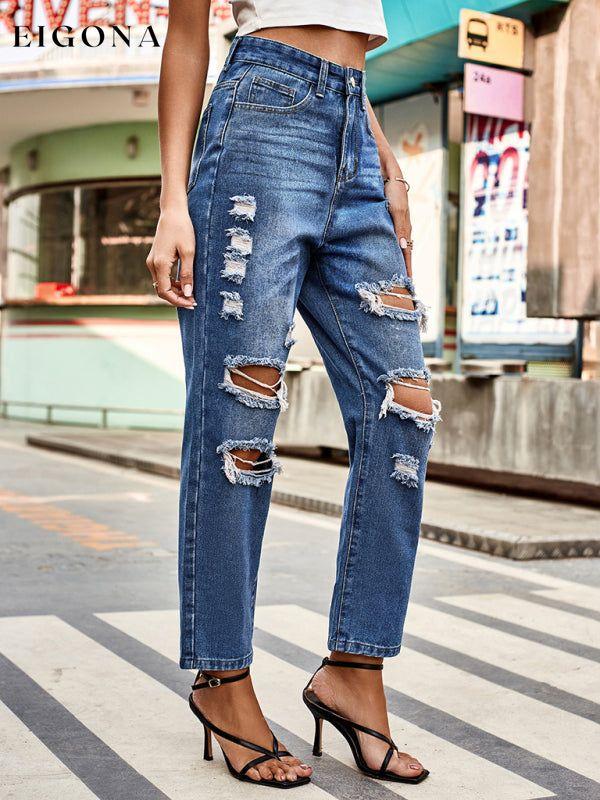 All-match washed ripped straight-leg denim cropped pants Clothes