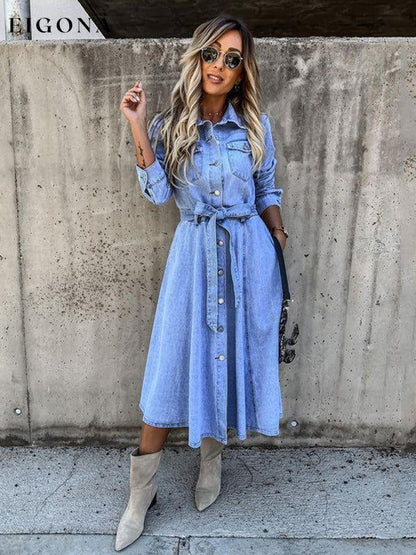 Denim Casual High Waist Pocket Lapel Dress clothes denim dress dress dresses midi dress