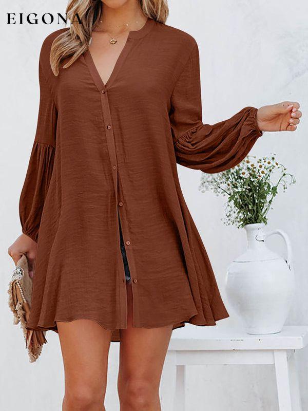 Stitching Casual Loose Cardigan Button Puff Sleeve Dress Coffe clothes