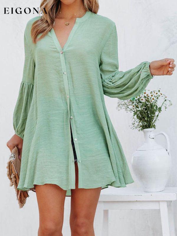 Stitching Casual Loose Cardigan Button Puff Sleeve Dress Green clothes