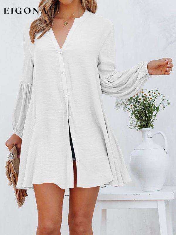 Stitching Casual Loose Cardigan Button Puff Sleeve Dress White clothes