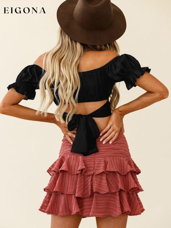 women's sexy one-neck tie-back short-sleeved crop top ruffle top clothes crop top croptop shirt top tops