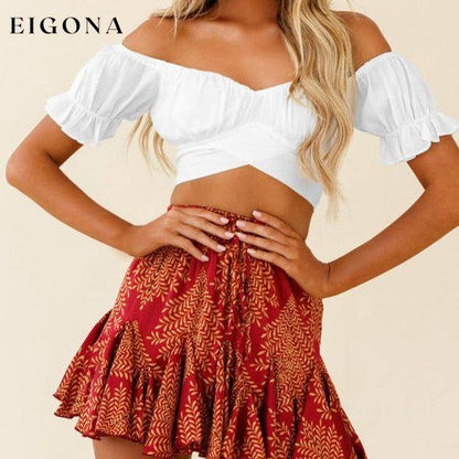 women's sexy one-neck tie-back short-sleeved crop top ruffle top White clothes crop top croptop shirt top tops