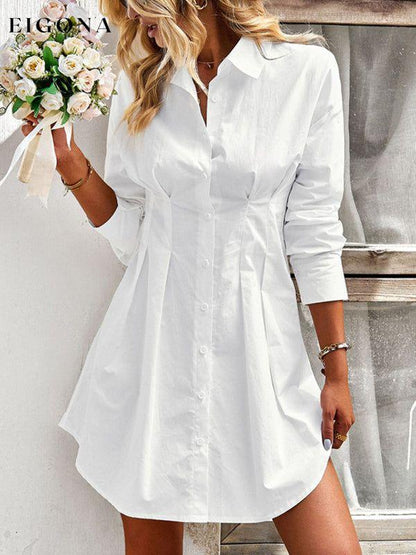 Ladies Fashion Solid Color Shirt Dress White clothes dresses long sleeve dresses