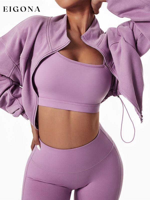 Women's Outdoor Drawstring Zipper Loose Long Sleeve Sweatshirt Purple Clothes