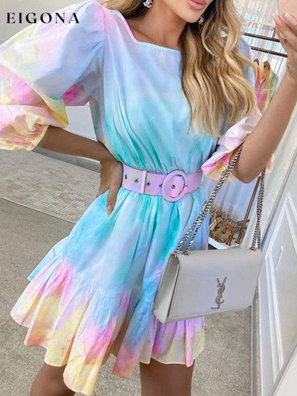 Tie Dye Dress, Fashion Holiday Style Ruffle Waist Slim Printed Pastel Dress clothes dresses short dresses