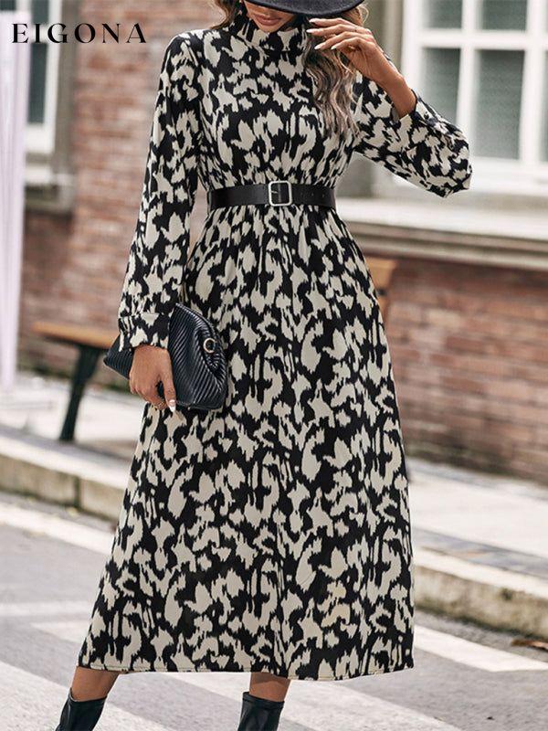 Women's Elegant Long Sleeve Leopard Print Dress Black Clothes