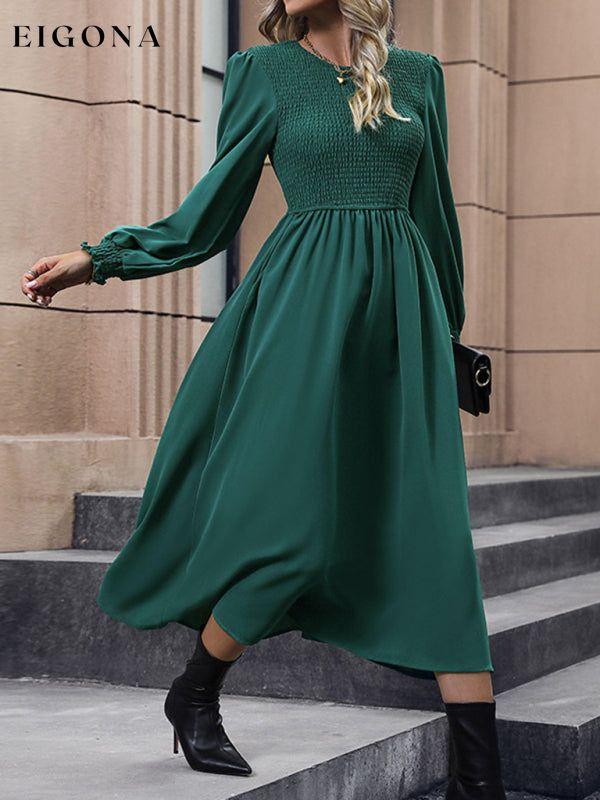 Round neck women's high-end solid color long sleeve dress Green black jasper clothes dress dresses long sleeve dresses midi dress