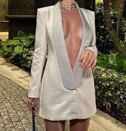 New sexy deep personality hot rhinestone design big backless suit jacket White blazer clothes Outerwear