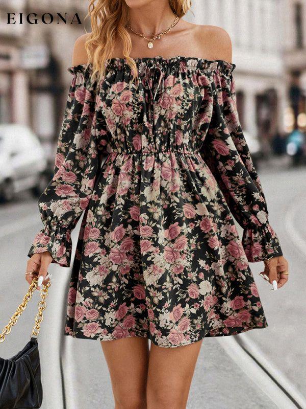 New Elegant Casual One Shoulder Floral Retro Party Dress Black clothes dresses long sleeve dresses