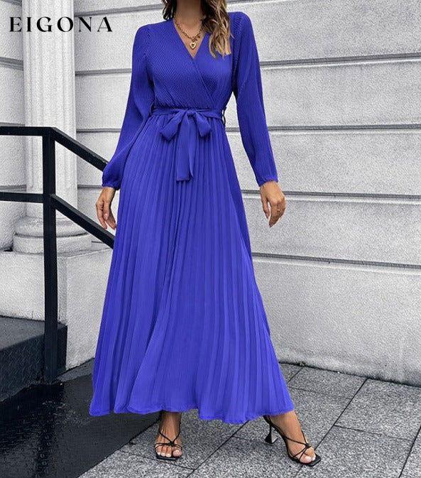 V-neck long-sleeved pleated A-line midi dress Blue clothes dresses long dress long sleeve dresses maxi dress