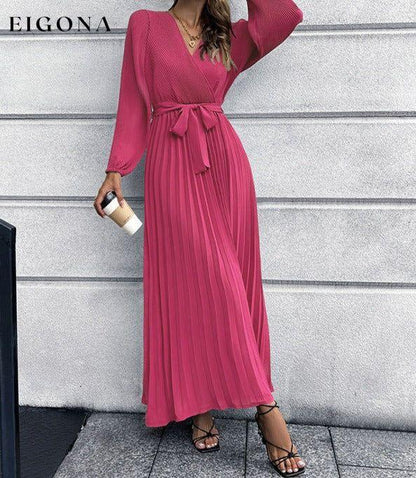 V-neck long-sleeved pleated A-line midi dress clothes dresses long dress long sleeve dresses maxi dress