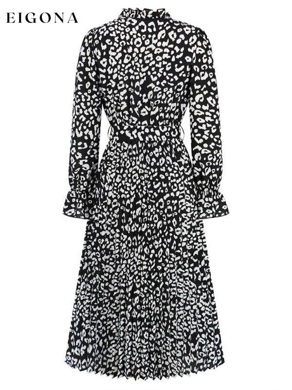 Leopard print stand collar lace up pleated skirt style casual midi dress casual dresses clothes dress dresses long sleeve dress midi dress office dress office dresses work dress work dresses