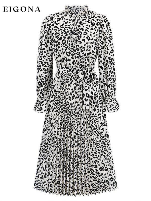 Leopard print stand collar lace up pleated skirt style casual midi dress casual dresses clothes dress dresses long sleeve dress midi dress office dress office dresses work dress work dresses