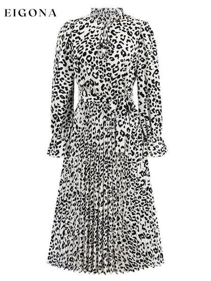 Leopard print stand collar lace up pleated skirt style casual midi dress casual dresses clothes dress dresses long sleeve dress midi dress office dress office dresses work dress work dresses