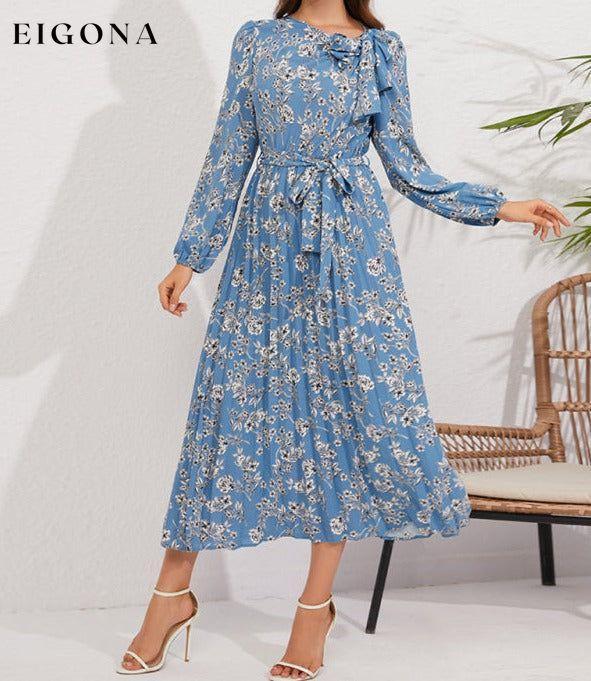 Pleated long-sleeved floral retro bow dress clothes dresses floral dress long sleeve dress long sleeve dresses long sleve dresses midi dresses office dress office dresses Print Floral work dress