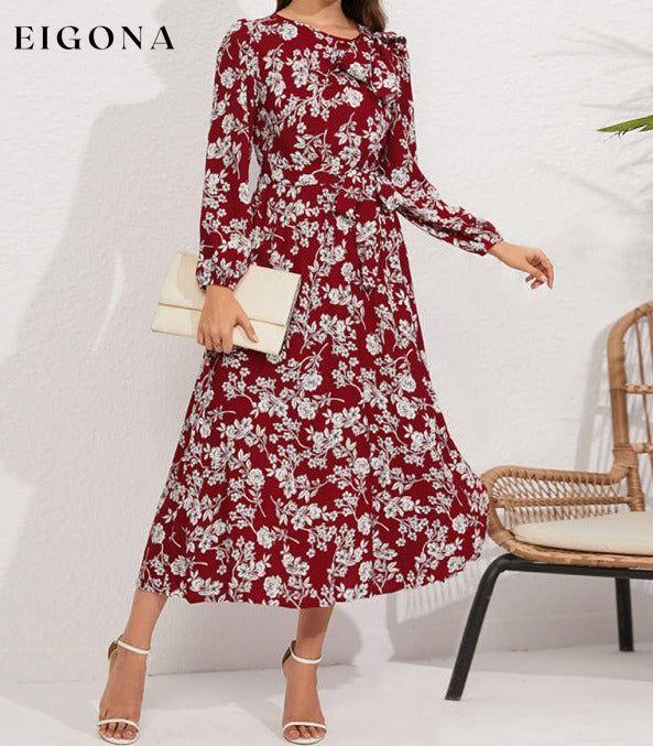 Pleated long-sleeved floral retro bow dress clothes dresses floral dress long sleeve dress long sleeve dresses long sleve dresses midi dresses office dress office dresses Print Floral work dress