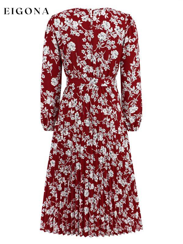 Pleated long-sleeved floral retro bow dress clothes dresses floral dress long sleeve dress long sleeve dresses long sleve dresses midi dresses office dress office dresses Print Floral work dress