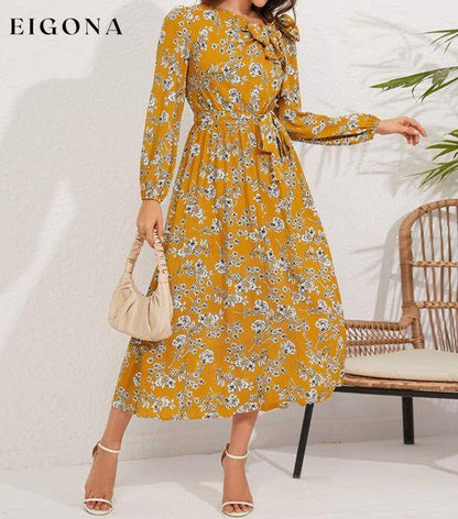 Pleated long-sleeved floral retro bow dress clothes dresses floral dress long sleeve dress long sleeve dresses long sleve dresses midi dresses office dress office dresses Print Floral work dress