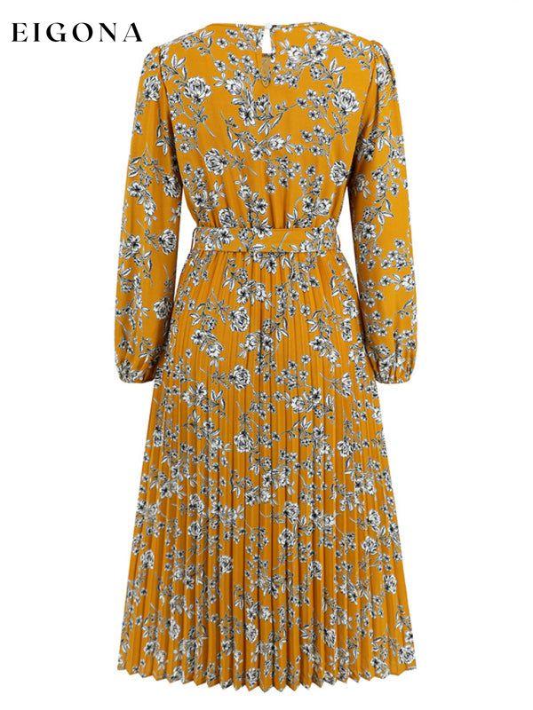 Pleated long-sleeved floral retro bow dress clothes dresses floral dress long sleeve dress long sleeve dresses long sleve dresses midi dresses office dress office dresses Print Floral work dress