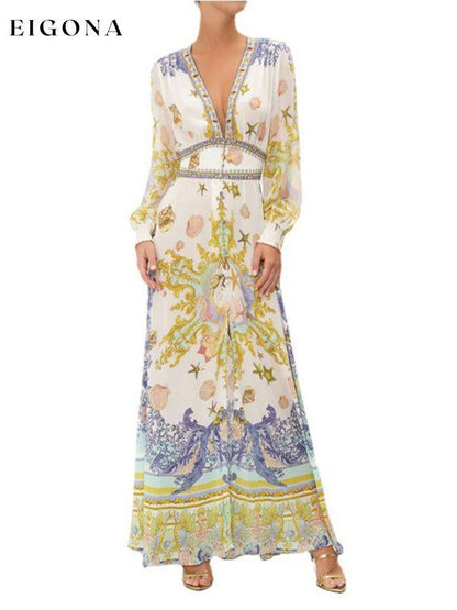 New elegant V-neck long-sleeved positioning printed holiday dress clothes dress dresses long sleeve dresses maxi dress