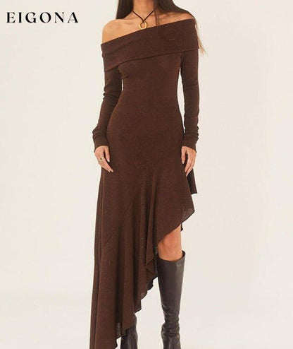 Women's elegant one-shoulder long-sleeved body-fitting ruffled long dress brown dress casual dress casual dresses clothes dress dresses long dress long sleeve dress long sleeve dresses long sleve dresses midi dress