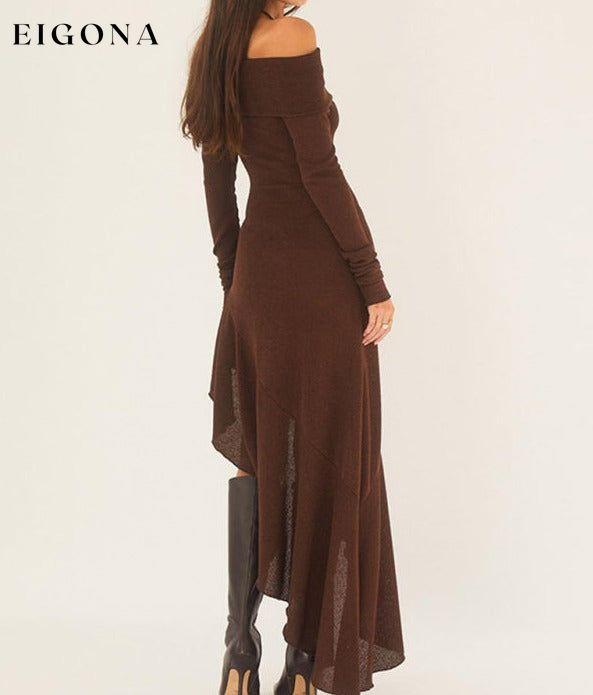 Women's elegant one-shoulder long-sleeved body-fitting ruffled long dress brown dress casual dress casual dresses clothes dress dresses long dress long sleeve dress long sleeve dresses long sleve dresses midi dress