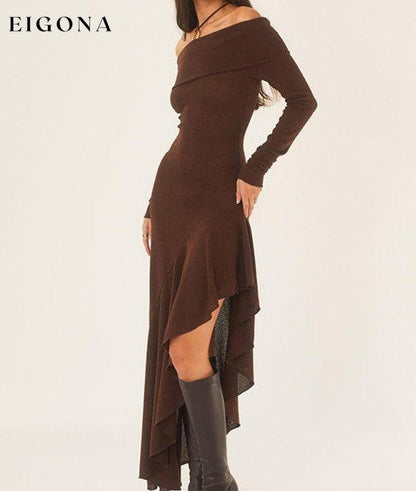 Women's elegant one-shoulder long-sleeved body-fitting ruffled long dress brown dress casual dress casual dresses clothes dress dresses long dress long sleeve dress long sleeve dresses long sleve dresses midi dress