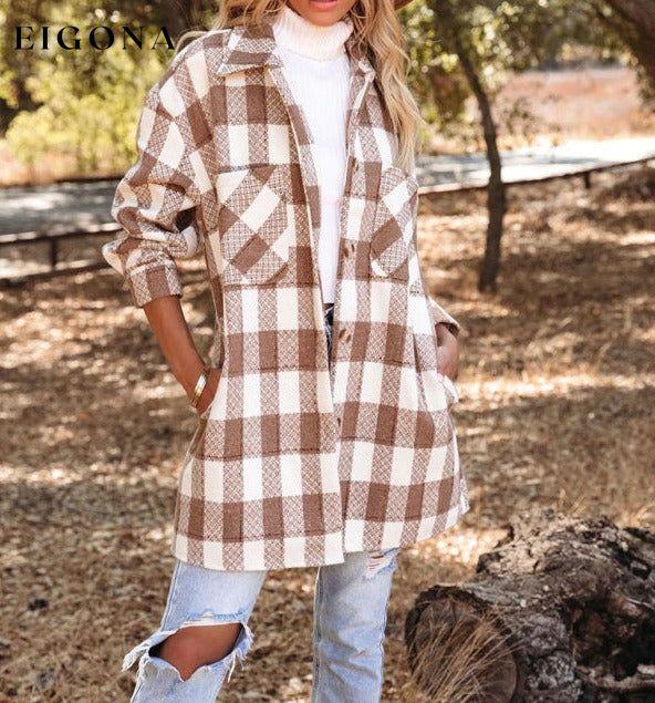 Women's Autumn and Winter New Plaid Printed Long Woolen Jacket Khaki clothes Jackets & Coats Outerwear