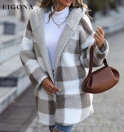 Women's Plush Hooded Plaid Long Sleeve Loose Jacket clothes Coat Jacket Coat Jackets & Coats Outerwear