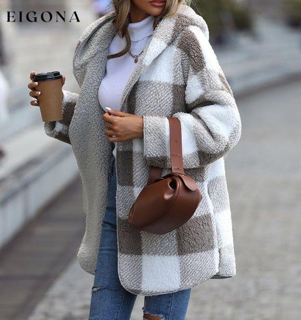 Women's Plush Hooded Plaid Long Sleeve Loose Jacket clothes Coat Jacket Coat Jackets & Coats Outerwear