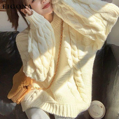 Women's new thickened lazy style loose and slim mid-length lantern sleeve sweater White clothes Sweater sweaters Sweatshirt