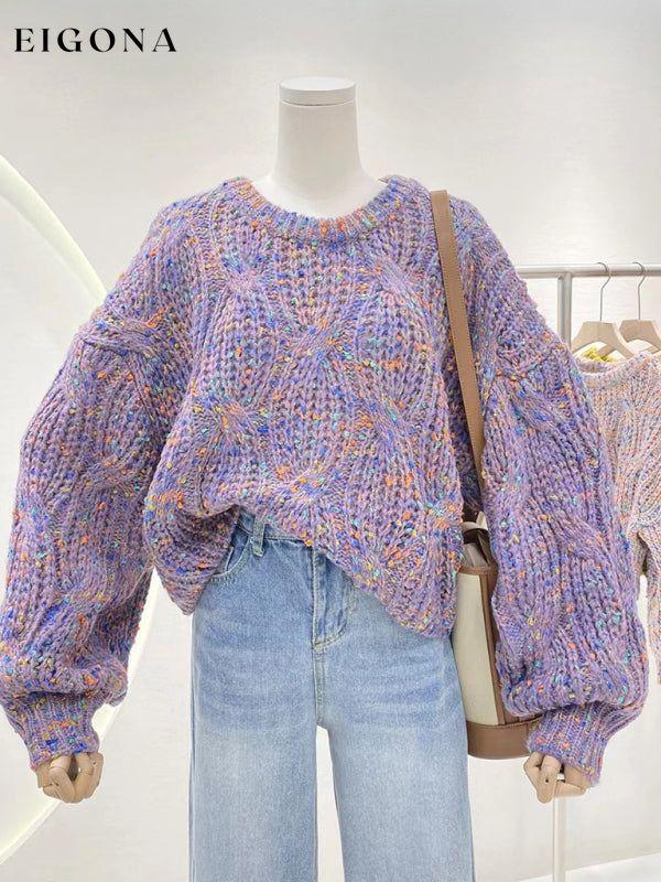 Women's color block loose twist crew neck knit sweater Purple FREESIZE clothes Sweater sweaters