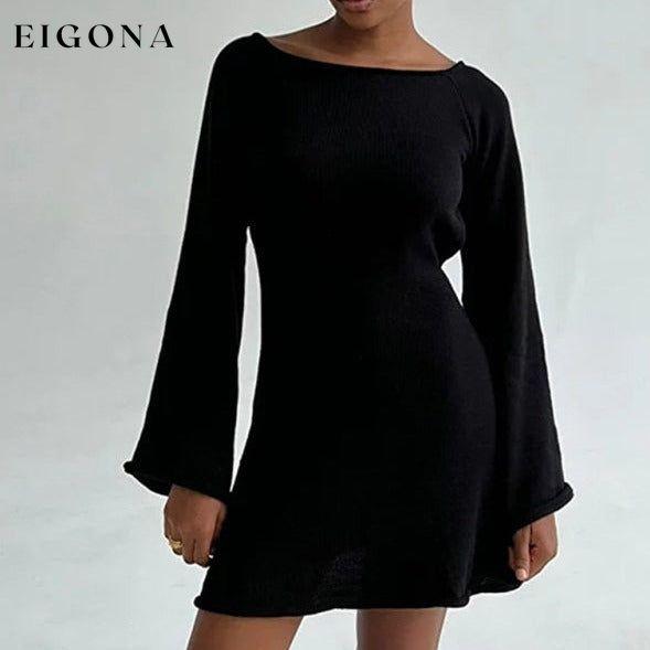 Women's New Sexy Backless Bell Sleeve Loose Beach Vacation Dress Black casual dress casual dresses clothes dress dresses long sleeve dress long sleeve dresses short dresses