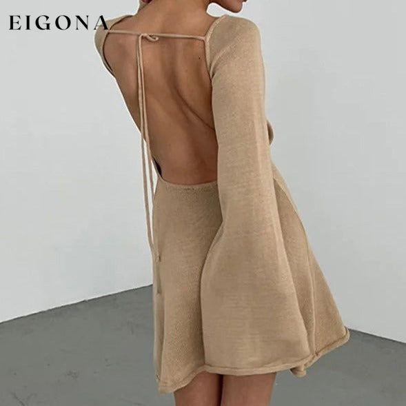Women's New Sexy Backless Bell Sleeve Loose Beach Vacation Dress Khaki casual dress casual dresses clothes dress dresses long sleeve dress long sleeve dresses short dresses