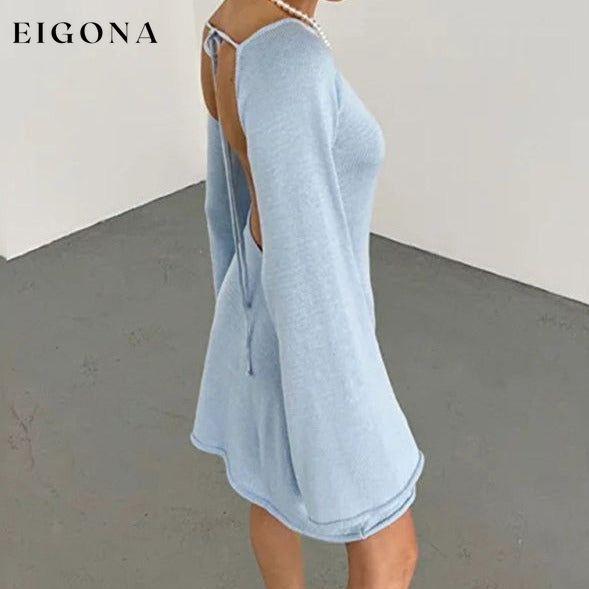 Women's New Sexy Backless Bell Sleeve Loose Beach Vacation Dress Clear blue casual dress casual dresses clothes dress dresses long sleeve dress long sleeve dresses short dresses