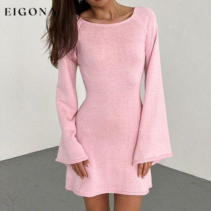 Women's New Sexy Backless Bell Sleeve Loose Beach Vacation Dress Pink casual dress casual dresses clothes dress dresses long sleeve dress long sleeve dresses short dresses