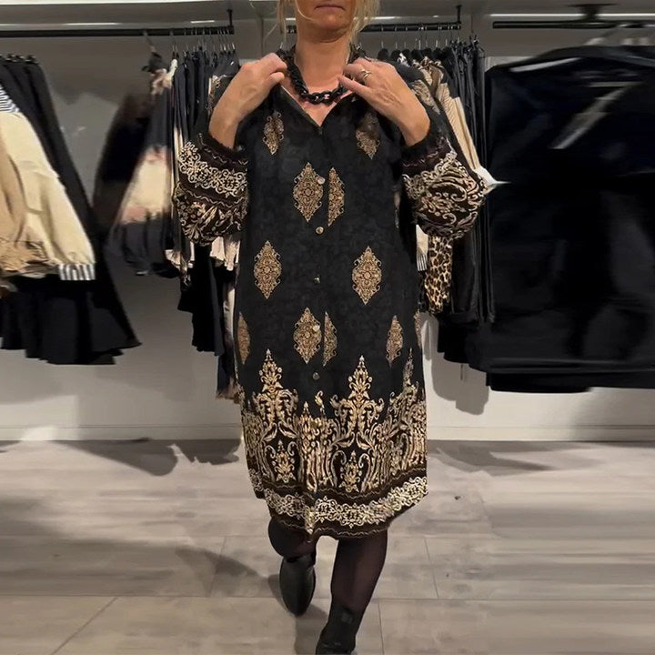 Lapel button-down vintage print dress