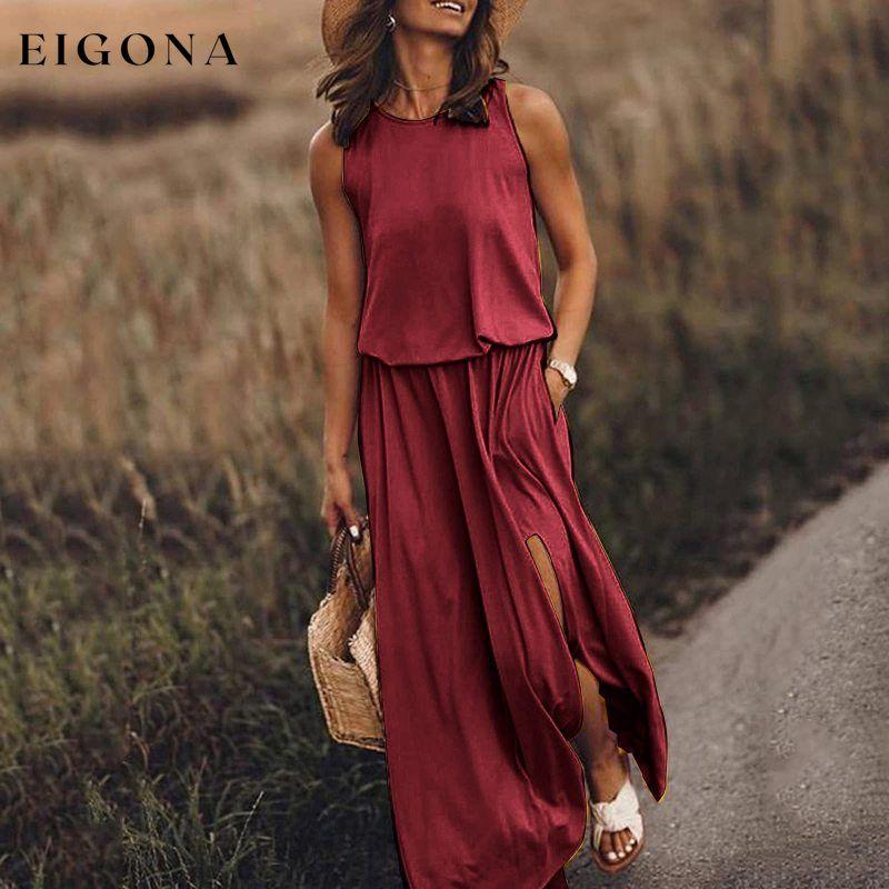 Women's Round Neck Sleeveless Dress Slit Multicolor Solid Color Long Dress Dark Red Clothes dresses maxi dress