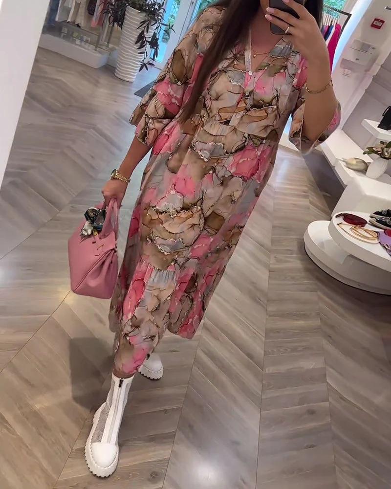 V-Neck Printed Gentle Loose Dress Pink dresses Summer