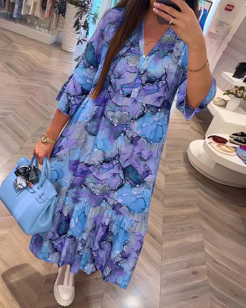 V-Neck Printed Gentle Loose Dress Blue dresses Summer