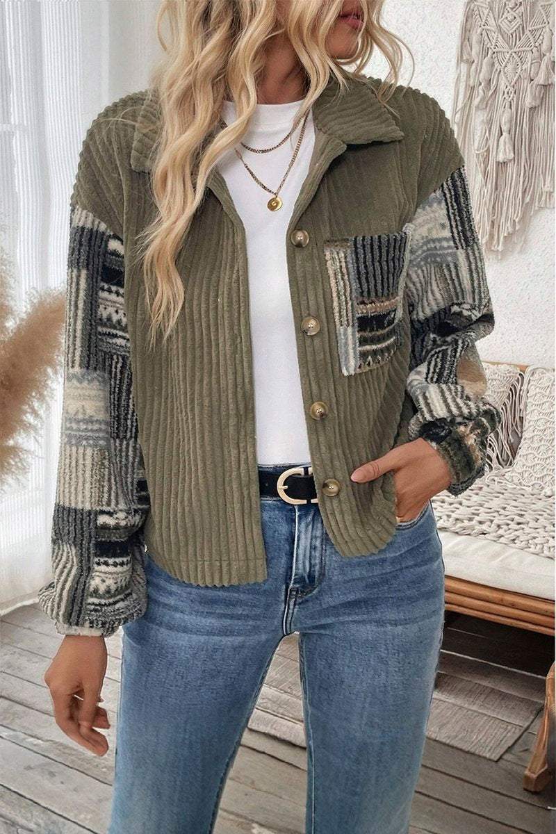 Women's Casual Corduroy Plaid Patchwork Jacket coat Top