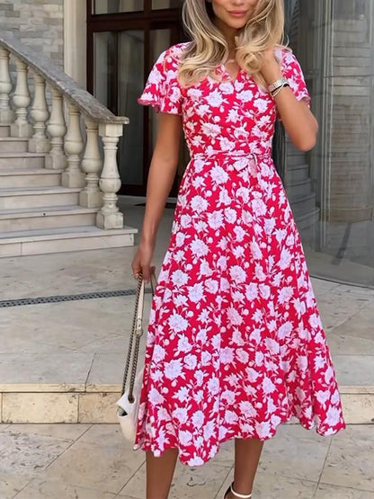 Women's V-neck Printed Waist Dress Cotton Dress