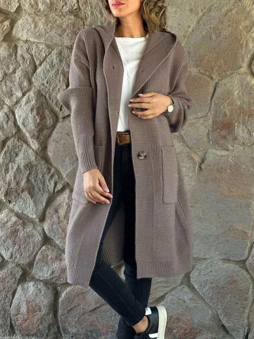 Women's Solid Color Knitted Sweater Hooded Long Coat Jacket