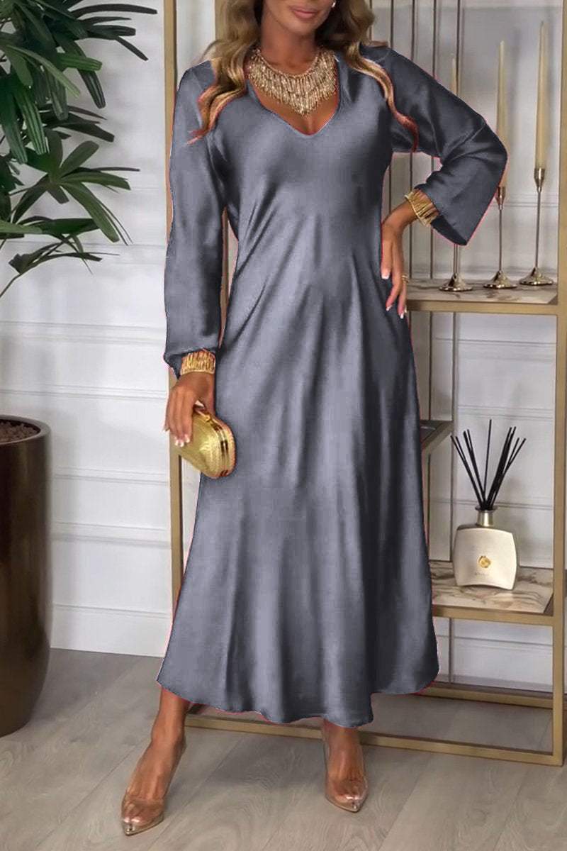 Women's V-neck Long-sleeved Satin Dress Dress Maxi Dress